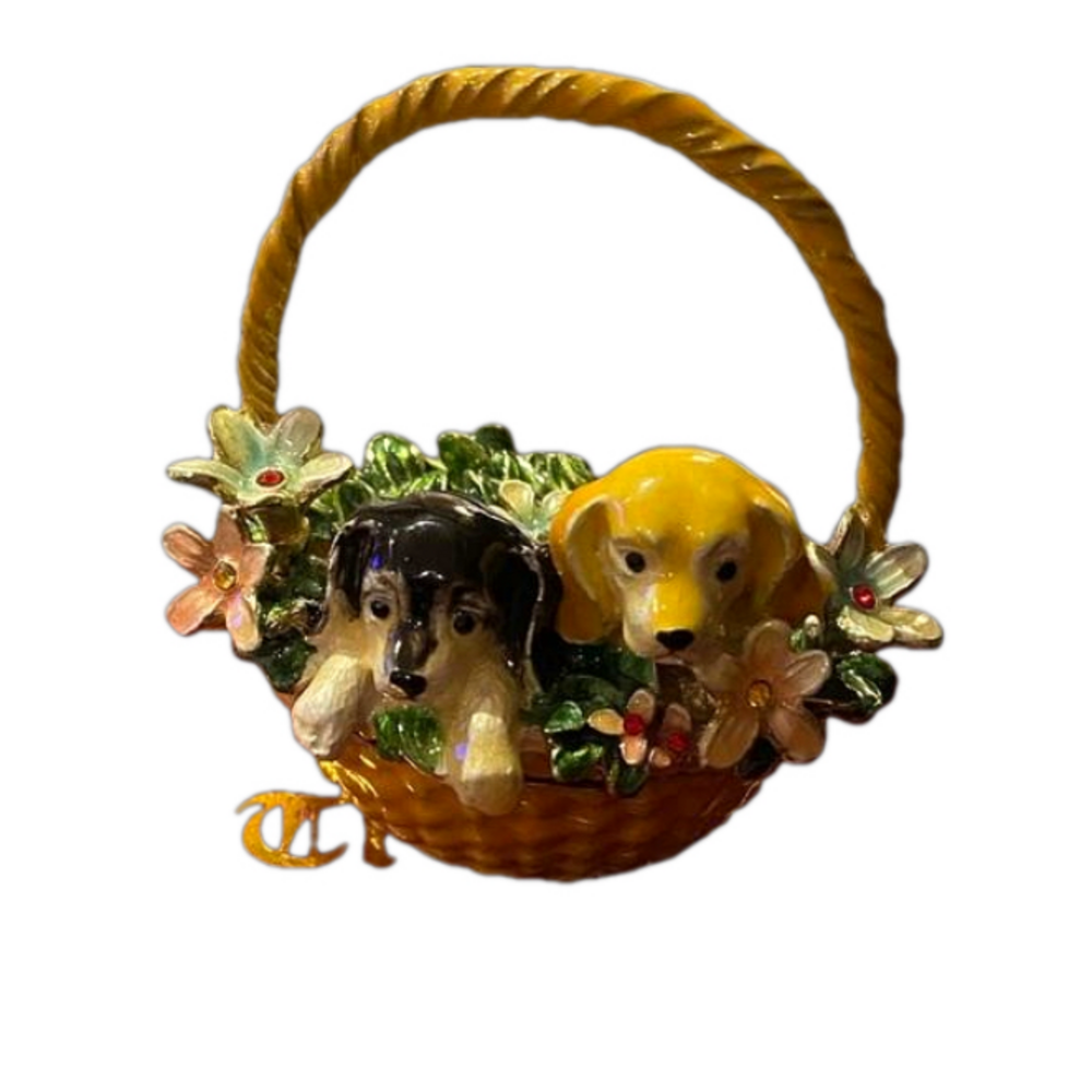 Nobility Bejeweled Puppies in Basket Hinged Trinket Box & Necklace Set